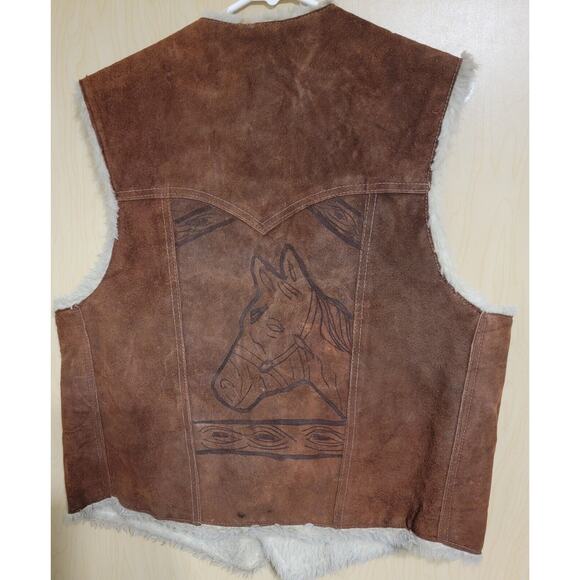 Vintage Suede Leather Sherpa Lined Vest with Embossed Horse Back Western XLarge - Picture 5 of 8